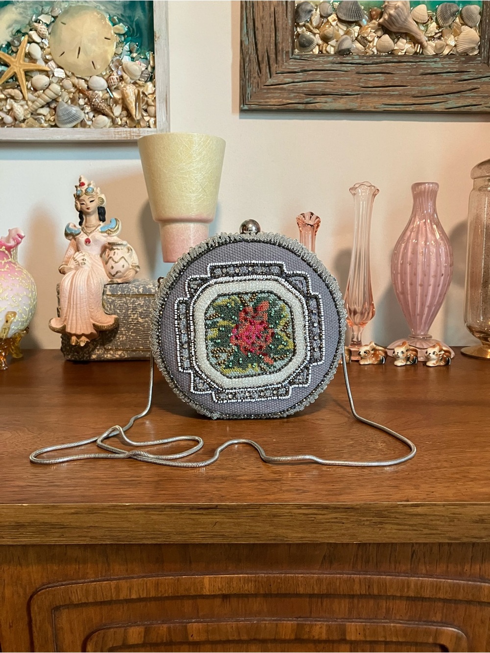Anthropologie Beaded Round Crossbody Bag with Pink Floral Motif - Grey